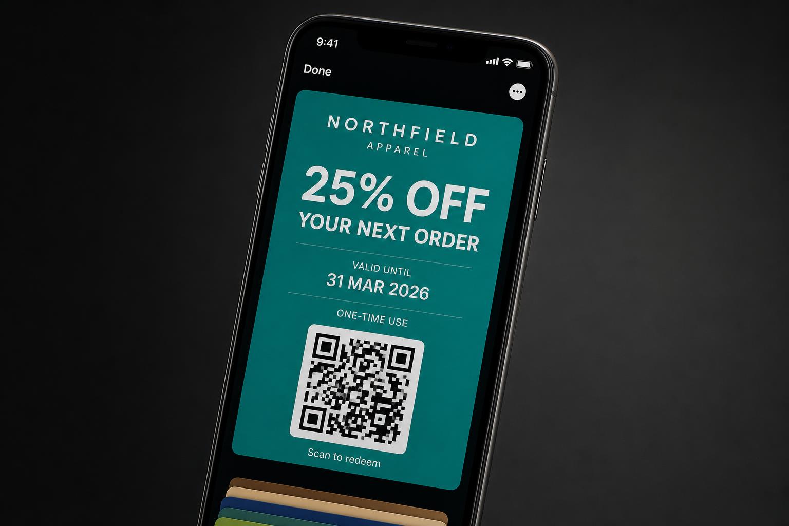 Apple Wallet promotional offer pass with discount and QR code