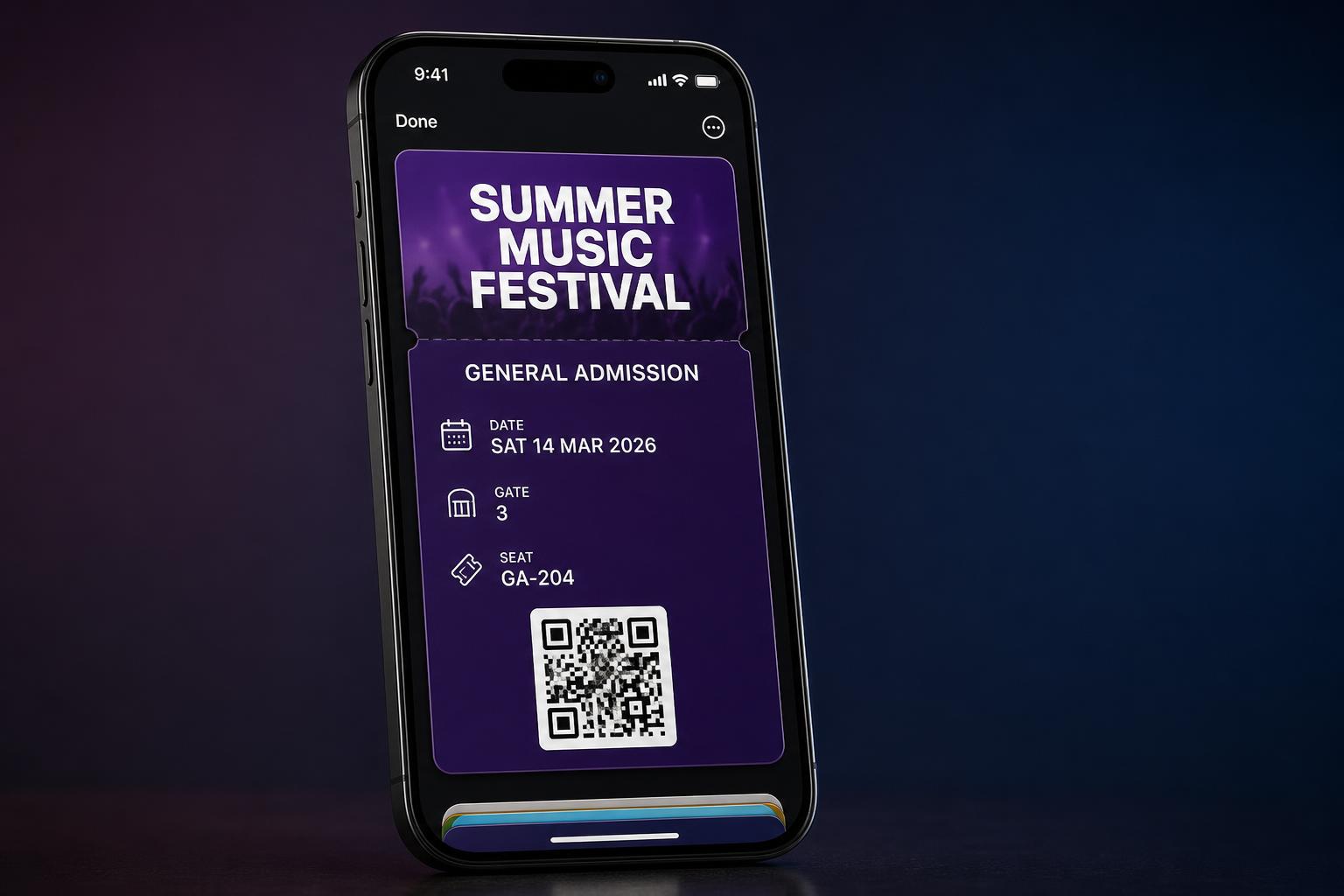 Apple Wallet event ticket pass with admission details and QR code