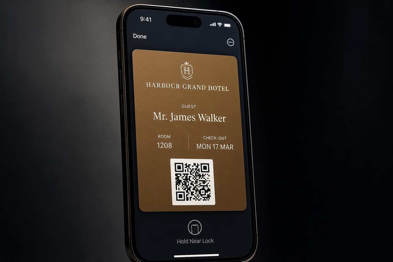 Apple Wallet hotel guest pass with room number and check-out date