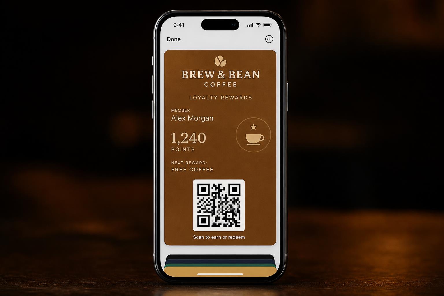 Apple Wallet loyalty rewards pass showing points balance and QR code
