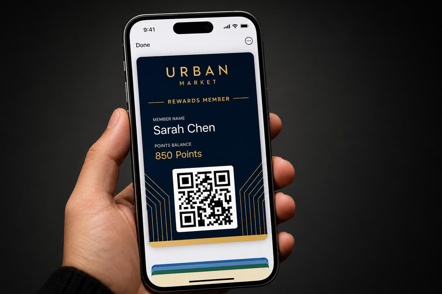 Apple Wallet retail rewards pass with QR code shown on iPhone